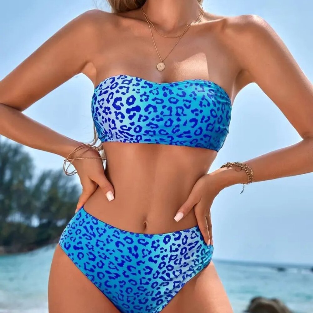Leopard Print Bandeau Bikini Set (COLOR: BLUE) - Picture 4 of 4